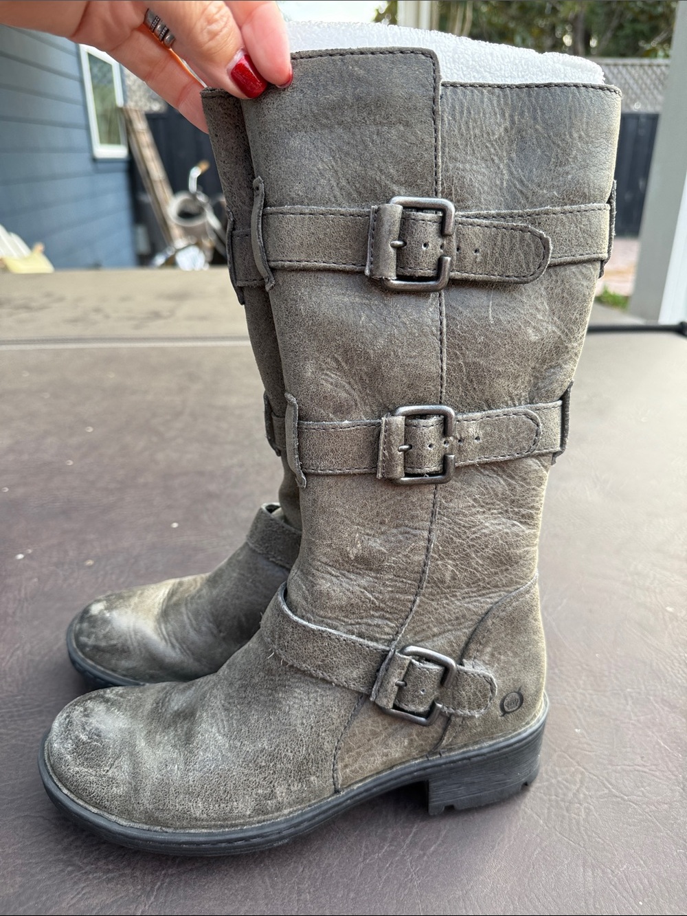 Born Gray Suede Combat Moto Boots with Buckle Straps distressed 7 / 38